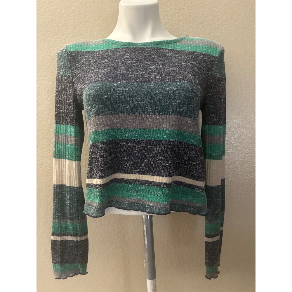 Almost Famous Womens Large Green Blue Striped Ribbed Long Sleeve Lettuce Top